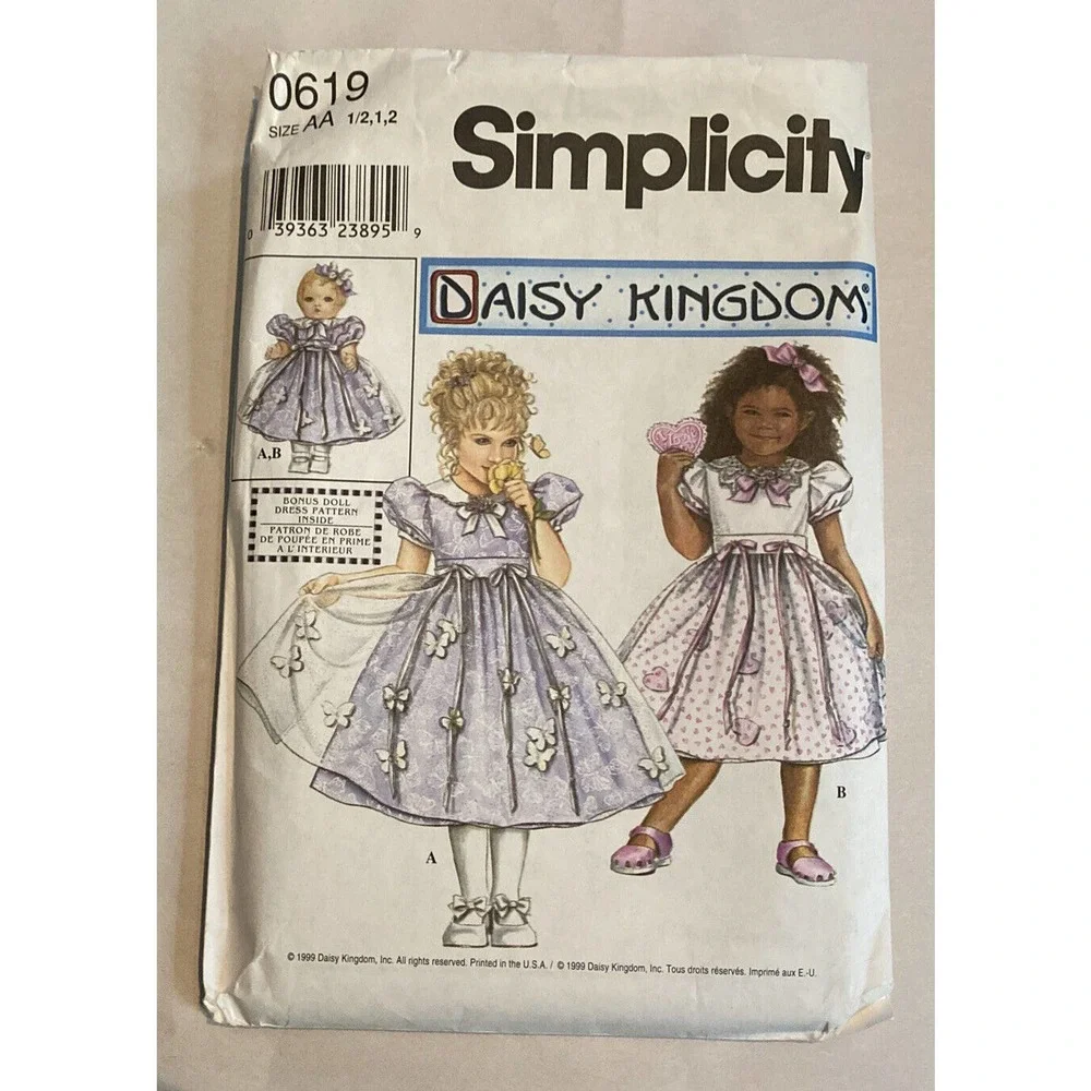SIMPLICITY PATTERN 0619 DRESSES GIRLS SIZES 1/2 1 2 DOLL 18